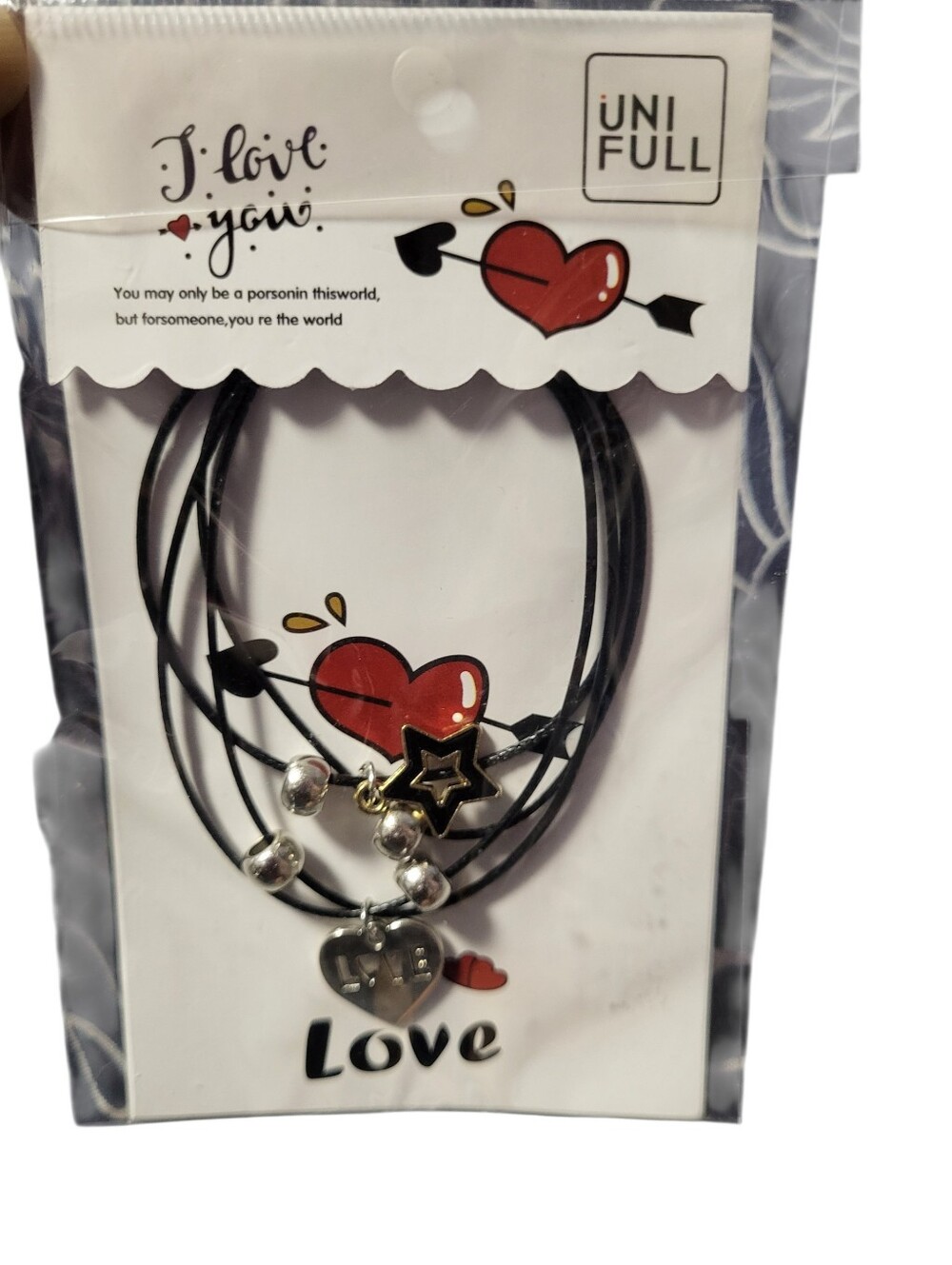 UNIF Black Layered Bracelet with Heart, Star & Silver Beads